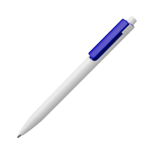 Белая пластиковая ручка с цветным клипом и логотипом Синий