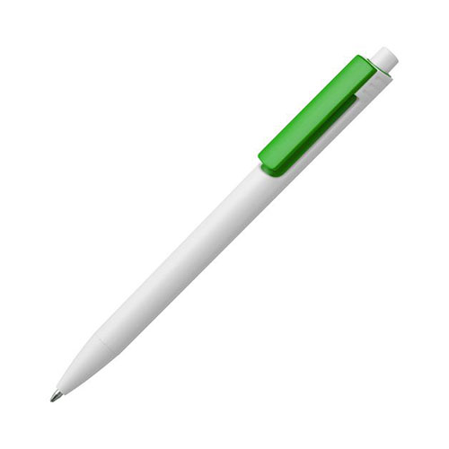 Белая пластиковая ручка с цветным клипом и логотипом Зеленый