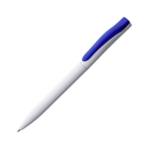 Поворотная белая пластиковая ручка с цветным клипом и логотипом Синий