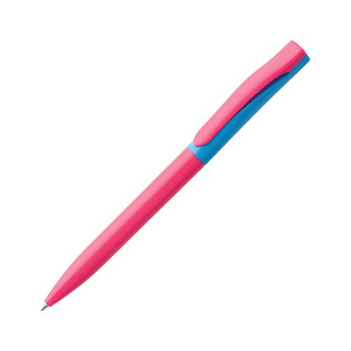 Двухцветная пластиковая ручка с логотипом (глянцевая) розово-голубая