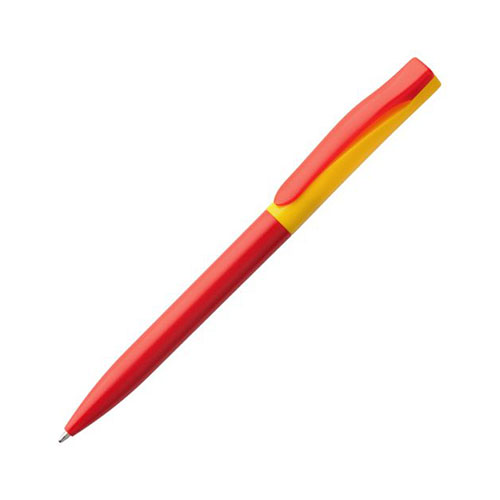 Двухцветная пластиковая ручка с логотипом (глянцевая) красно-желтая