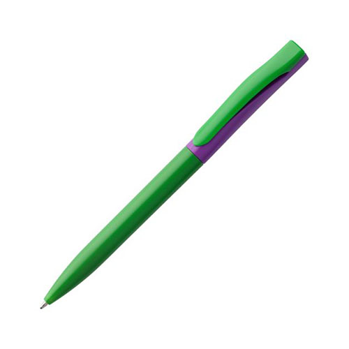 Двухцветная пластиковая ручка с логотипом (глянцевая) зелено-фиолетовая