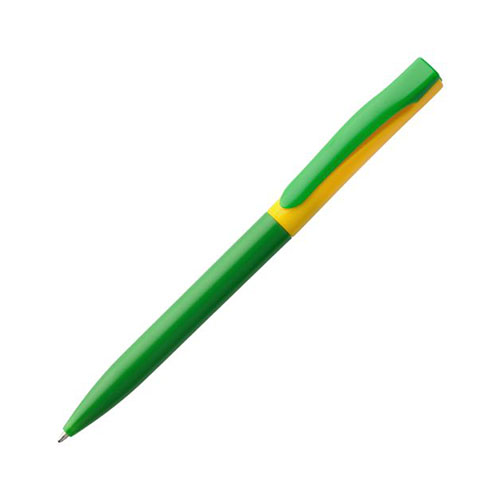 Двухцветная пластиковая ручка с логотипом (глянцевая) зелено-желтая